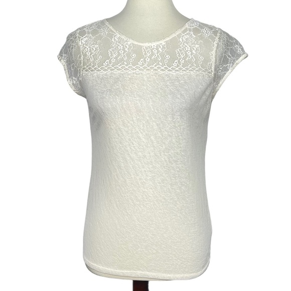 Free People Shirt Womens Small Ivory Cream Lace Blouse Short Cap‎ Sleeves - Picture 1 of 9